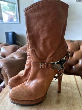 GENUINE ITALIAN LEATHER Women's High-Heel Tan Leather Mid-Calf Boots